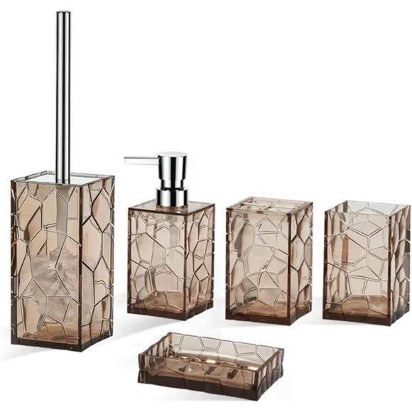 Acrylic Bathroom Accessories Set, 5 Piece Brown Bathroom Vanity Accessory Set - Picture 1 of 7